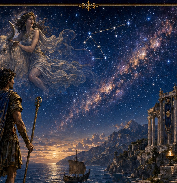 Cadmus arriving on Samothraki beneath Europa and the Milky Way