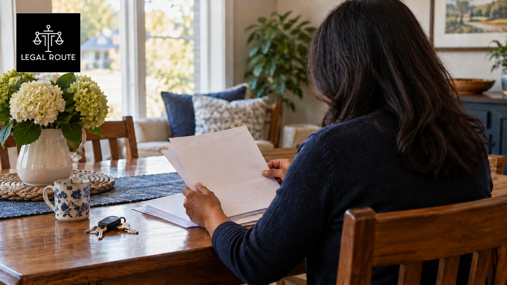 A woman reviews estate papers at home, with house keys nearby and the Legal Route logo in the upper left.