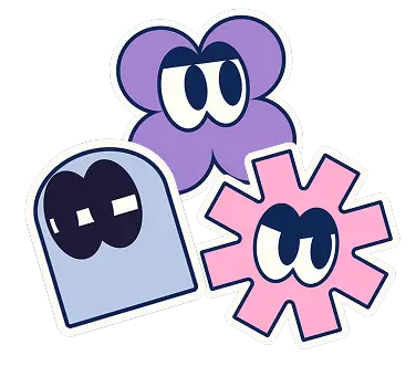 Three cartoon shapes with eyes: a purple flower, a blue rounded rectangle, and a pink gear-like figure.