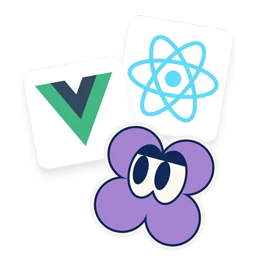 Icons of Vue.js logo, React logo, and a purple flower character with big eyes.