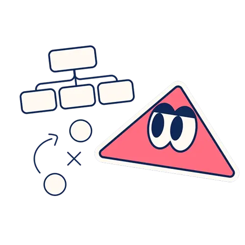 Illustration of a pink triangle character with eyes looking toward a flowchart and strategy symbols.