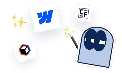 Cartoon character holding a wand with sparkles and floating logos of Webflow, Cube, and CF.