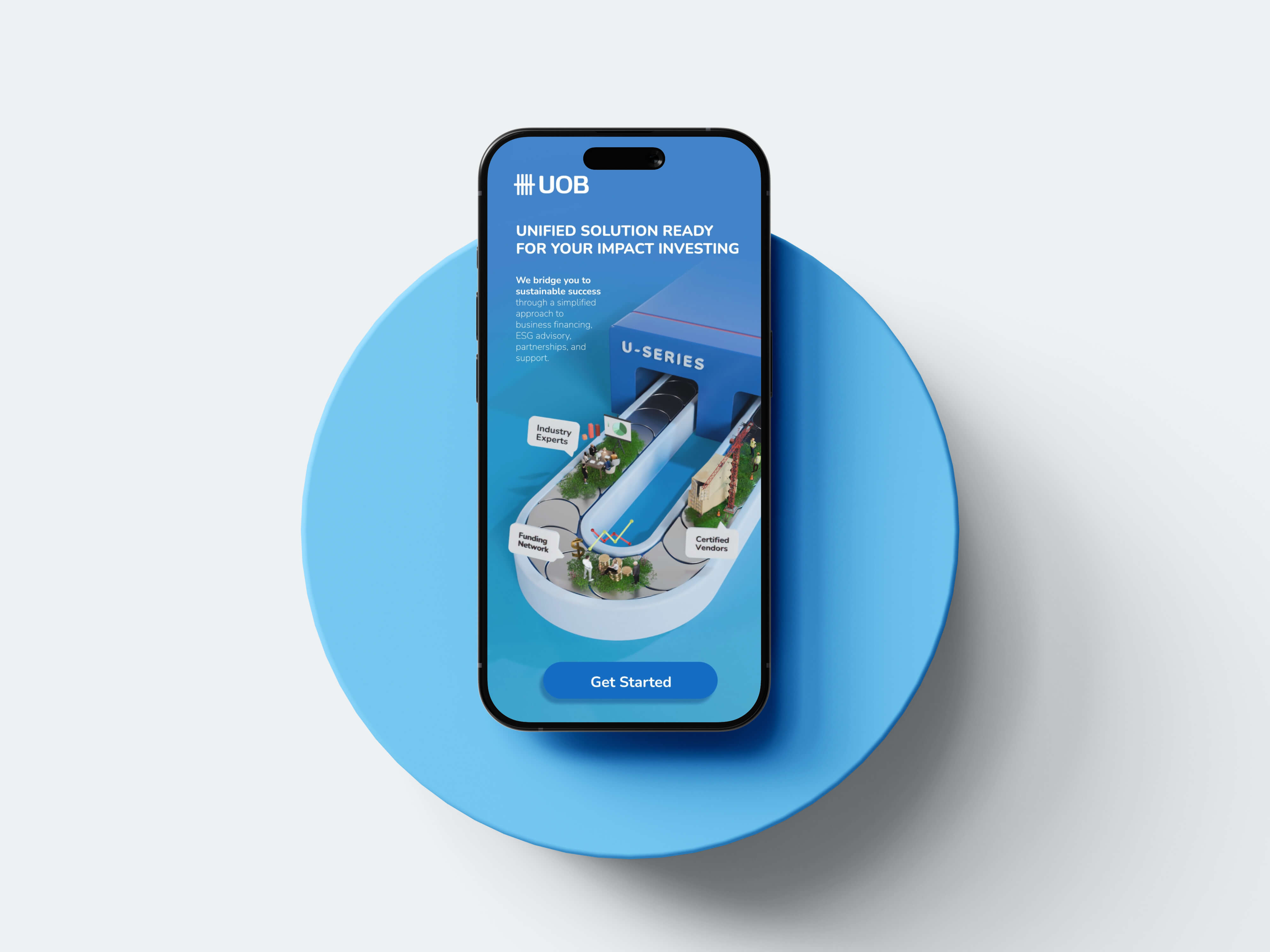 A phone showing splash screen animation of conveyer belt serving several financing solutions for customer.
