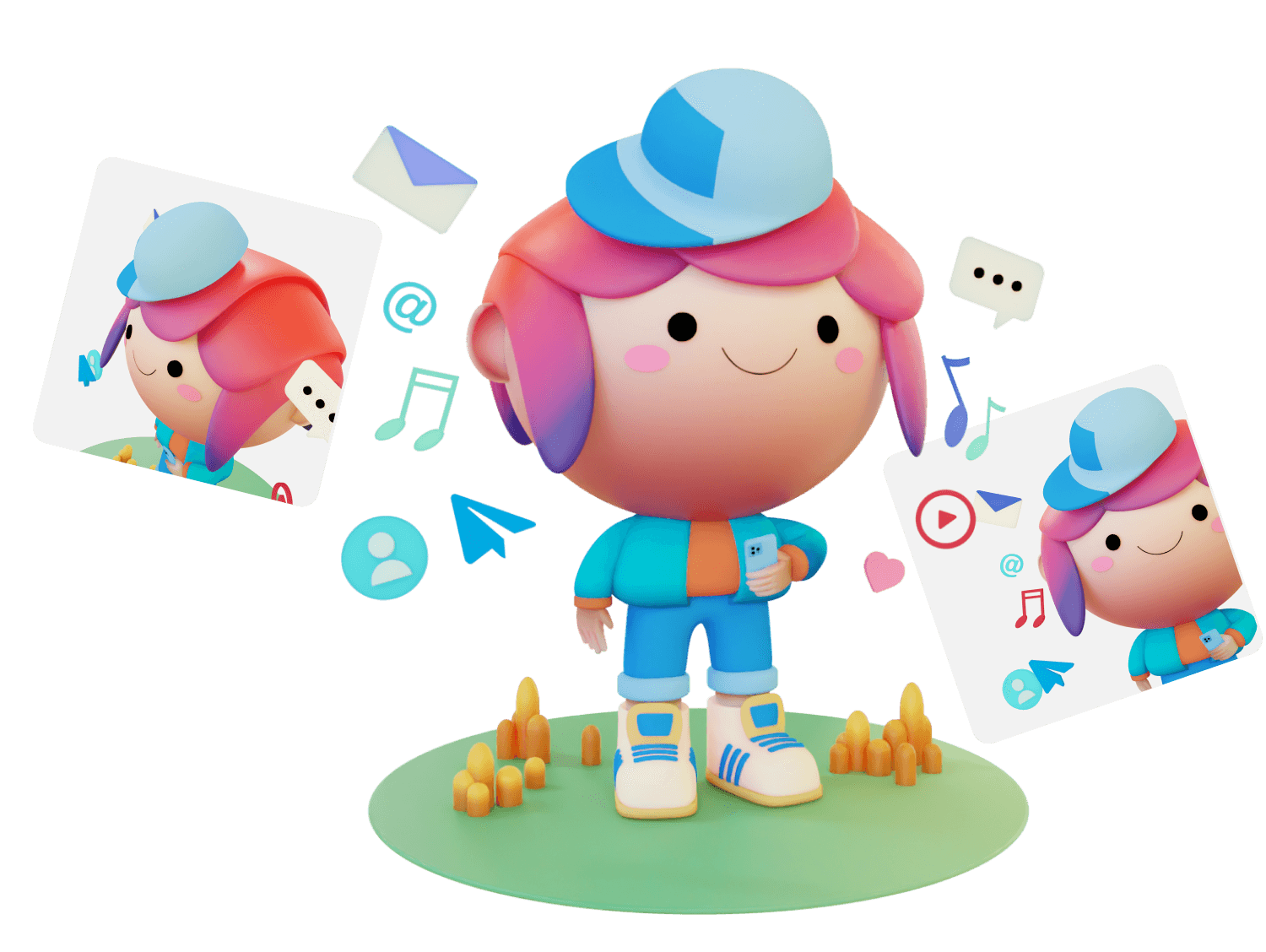 A cute kid portrayed in 3D illustration, surrounded by lifestyle icons