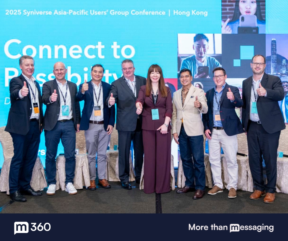 m360 and industry leaders giving a thumbs up at the 2025 Syniverse Asia-Pacific Users' Group Conference in Hong Kong, united in Modernizing Business Messaging.