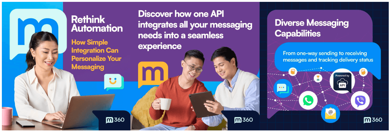 m360 infographic demonstrating how CPaaS AI integration and a single API empower professionals to rethink automation and unify diverse messaging capabilities