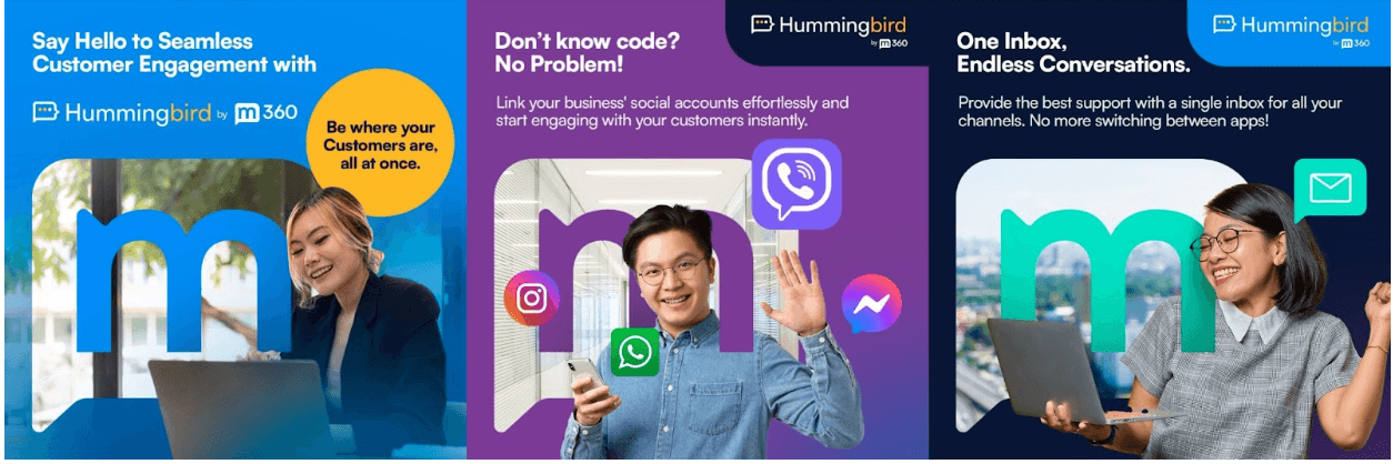 Hummingbird by m360 promotional banners highlighting seamless engagement, no-code tools, and a unified inbox, all driven by an ai-powered-cpaas solution.