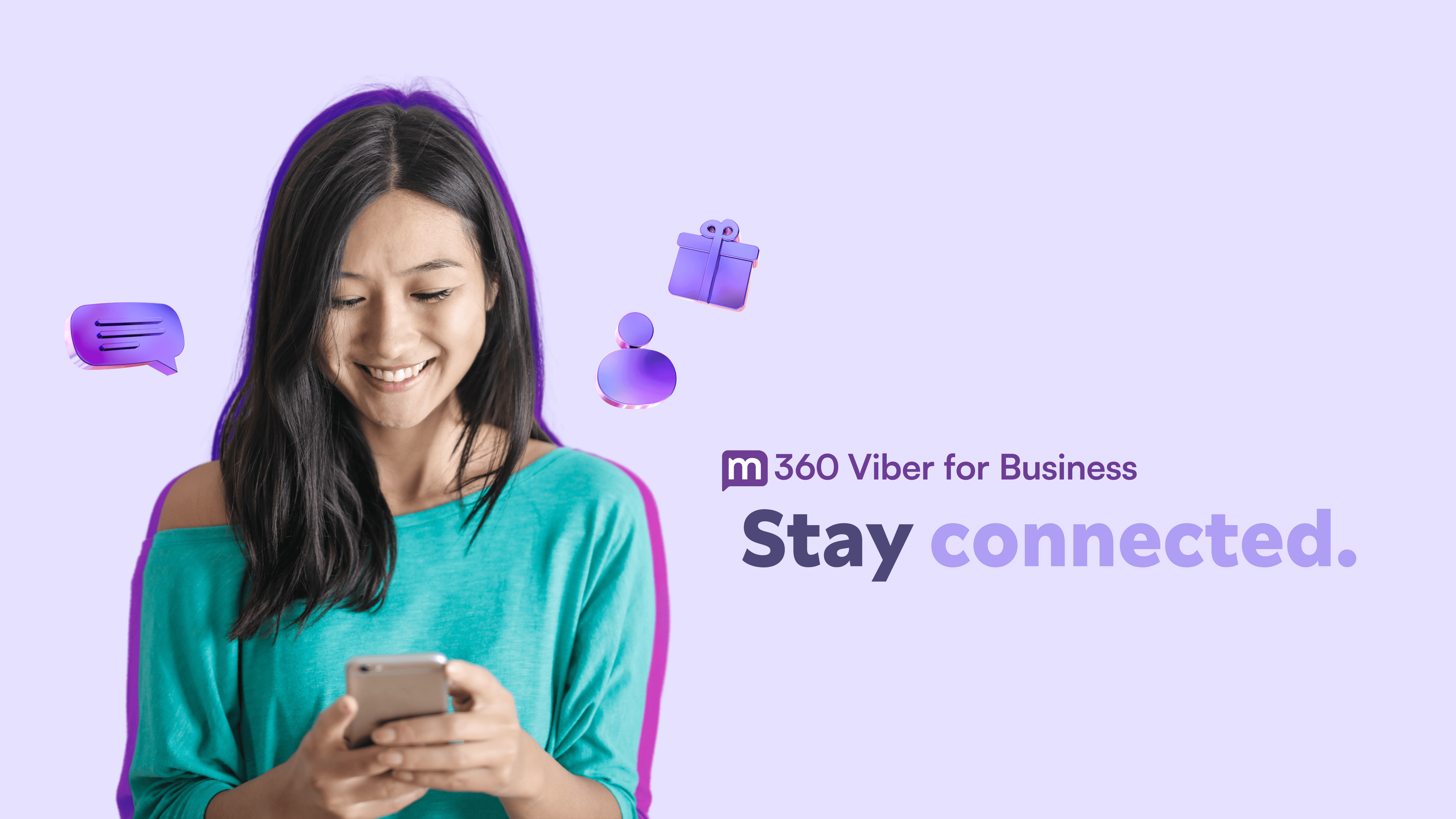 m360 graphic featuring a smiling woman using a smartphone to stay connected with customers through Viber for Business, highlighted by floating messaging and reward icons.