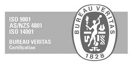 Black and white image of the Bureau Veritas Certification logo, with text listing ISO 9001, AS/NZS 4801, and ISO 14001 certifications.