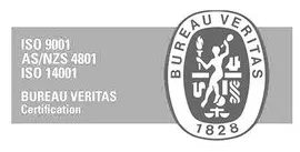 Black and white image of the Bureau Veritas Certification logo, with text listing ISO 9001, AS/NZS 4801, and ISO 14001 certifications.