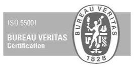 Black and white logo for Bureau Veritas Certification, indicating ISO 55001 certification.
