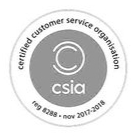 Black and white logo for "certified customer service organisation" with "csia" and "reg 8288 - nov 2017-2018".