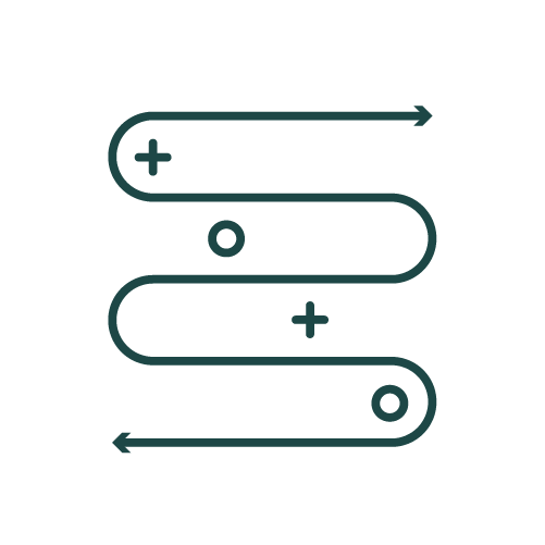Line art icon of a winding path with arrows, plus signs, and circles, possibly representing a journey or process.