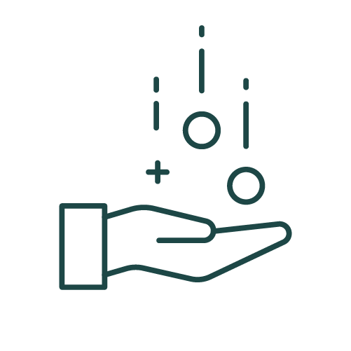 Line art icon of an open hand with coins or circles falling into it.