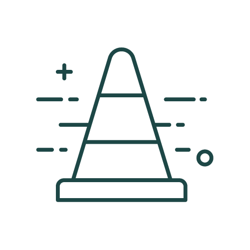 Line art icon of a traffic cone with dashed lines and a plus sign.