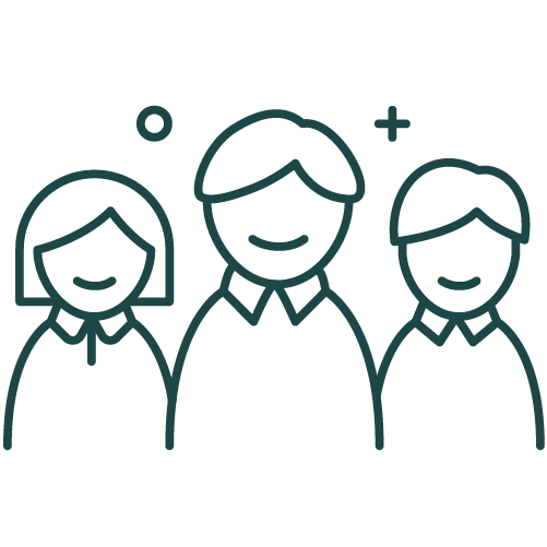Line art icon of three smiling people, representing a team or community.