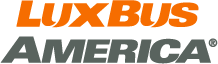 Lux Bus America logo with orange LuxBus text above grey America text on a dark background.
