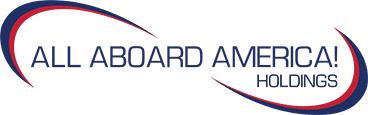 All Aboard America Holdings logo with blue and red curved swooshes and the company name in blue text on a dark background.