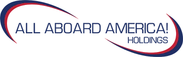 All Aboard America Holdings logo with blue and red curved swooshes and the company name in blue text on a dark background.