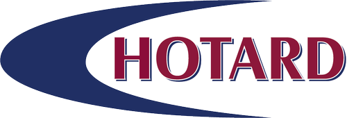 Hotard logo featuring large maroon and white outlined text with a bold blue swoosh graphic on a dark background.