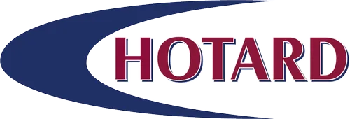 Hotard logo featuring large maroon and white outlined text with a bold blue swoosh graphic on a dark background.