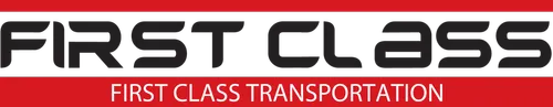 First Class Transportation logo featuring the words "First Class" in large dark text and "First Class Transportation" in white text on a red bar, set against a dark background.
