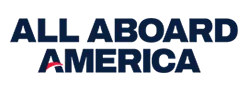 This is the All Aboard America logo. The text is in bold, dark blue uppercase letters. The "A" in "AMERICA" is stylized with a red swoosh or underline element, set on a dark background.