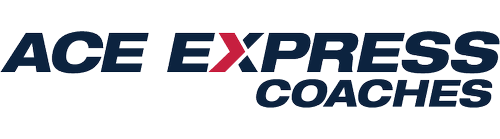 Logo for ACE Express Coaches featuring bold navy blue text with a red "X" in the word "EXPRESS" on a dark background.