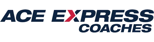 Logo for ACE Express Coaches featuring bold navy blue text with a red "X" in the word "EXPRESS" on a dark background.
