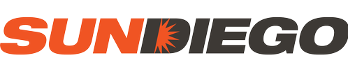 Logo for **SUN DIEGO** featuring bold orange letters for "SUN" and dark letters for "DIEGO," with a stylized sunburst design inside the "D" on a dark background.