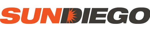 Logo for **SUN DIEGO** featuring bold orange letters for "SUN" and dark letters for "DIEGO," with a stylized sunburst design inside the "D" on a dark background.