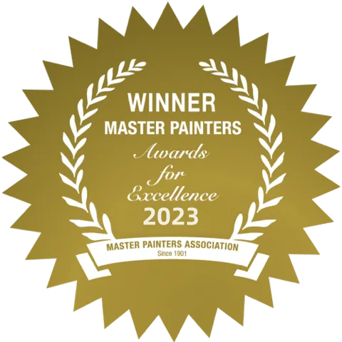 Gold star-shaped emblem reading Winner Master Painters Awards for Excellence 2023 Master Painters Association.