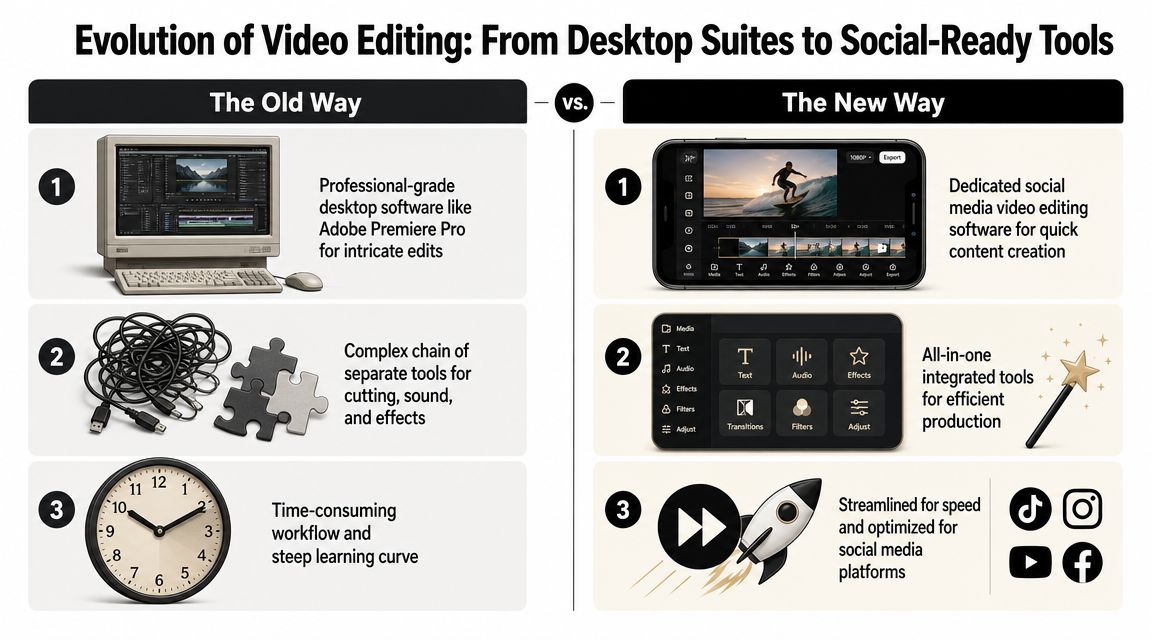 An infographic comparing traditional desktop video editing software with modern mobile social media editing applications.