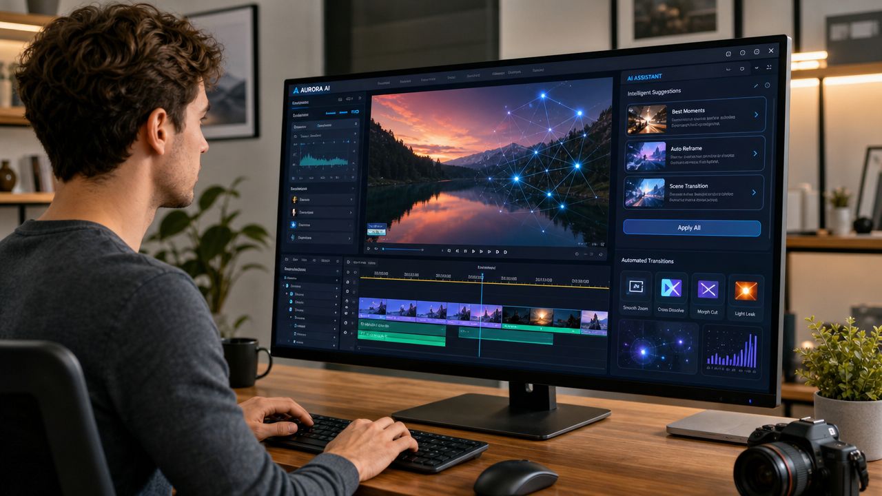 A creative professional editing video content on a computer screen using advanced artificial intelligence software in an office.