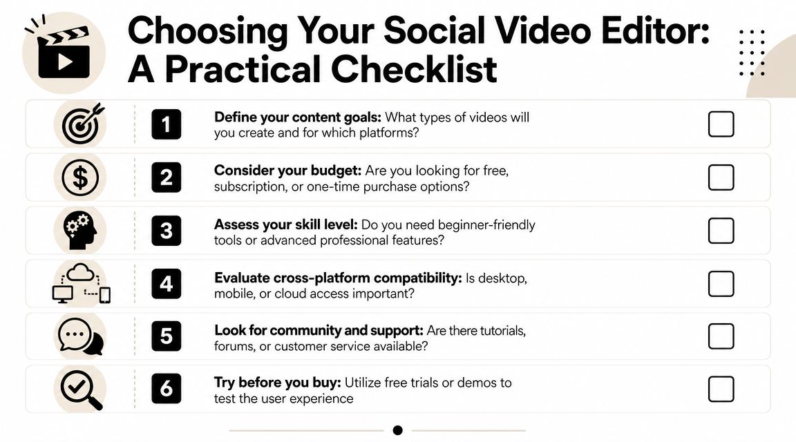 A checklist graphic illustrating six key factors for choosing the right social media video editing software.