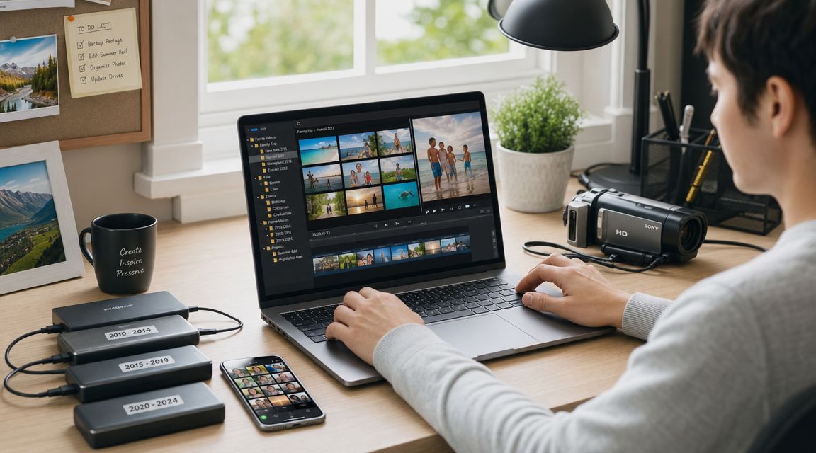 A person editing a video montage on a laptop with external hard drives and a camcorder nearby.