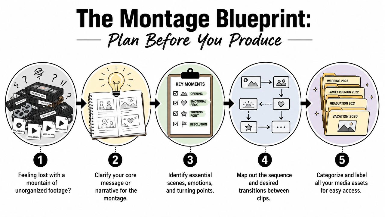 A step-by-step infographic titled The Montage Blueprint showing the process of organizing and planning video projects.