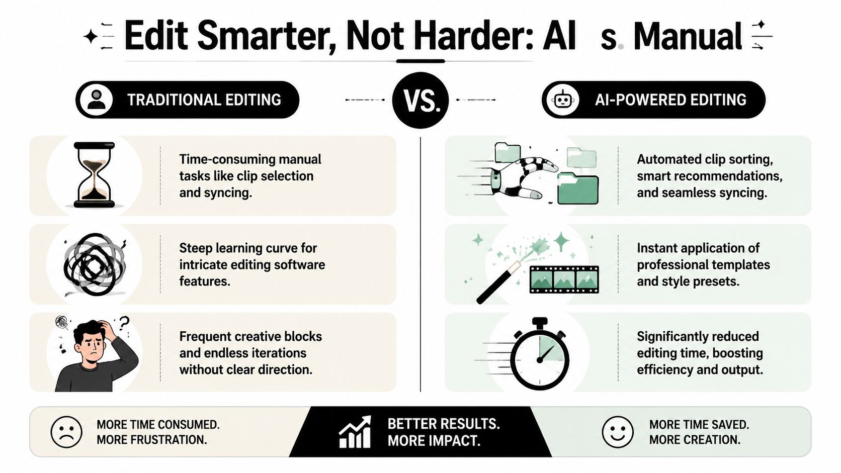 A comparison infographic between traditional manual video editing and AI-powered editing showcasing efficiency and creativity benefits.