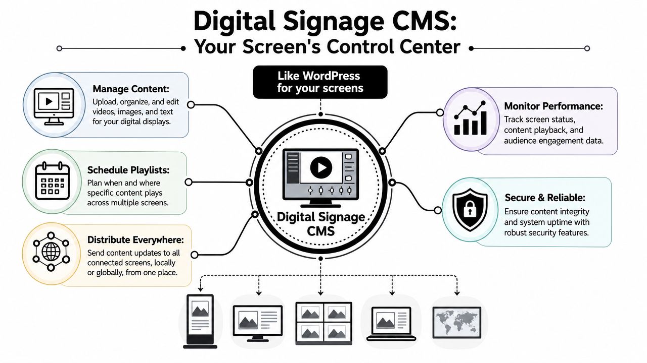 A diagram illustrating how digital signage CMS functions as a control center for managing screen content.