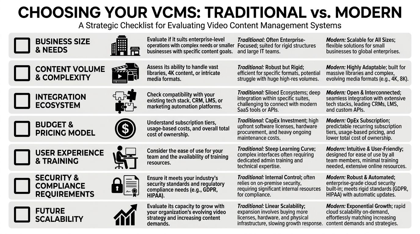A strategic comparison checklist for evaluating traditional versus modern video content management systems for business.