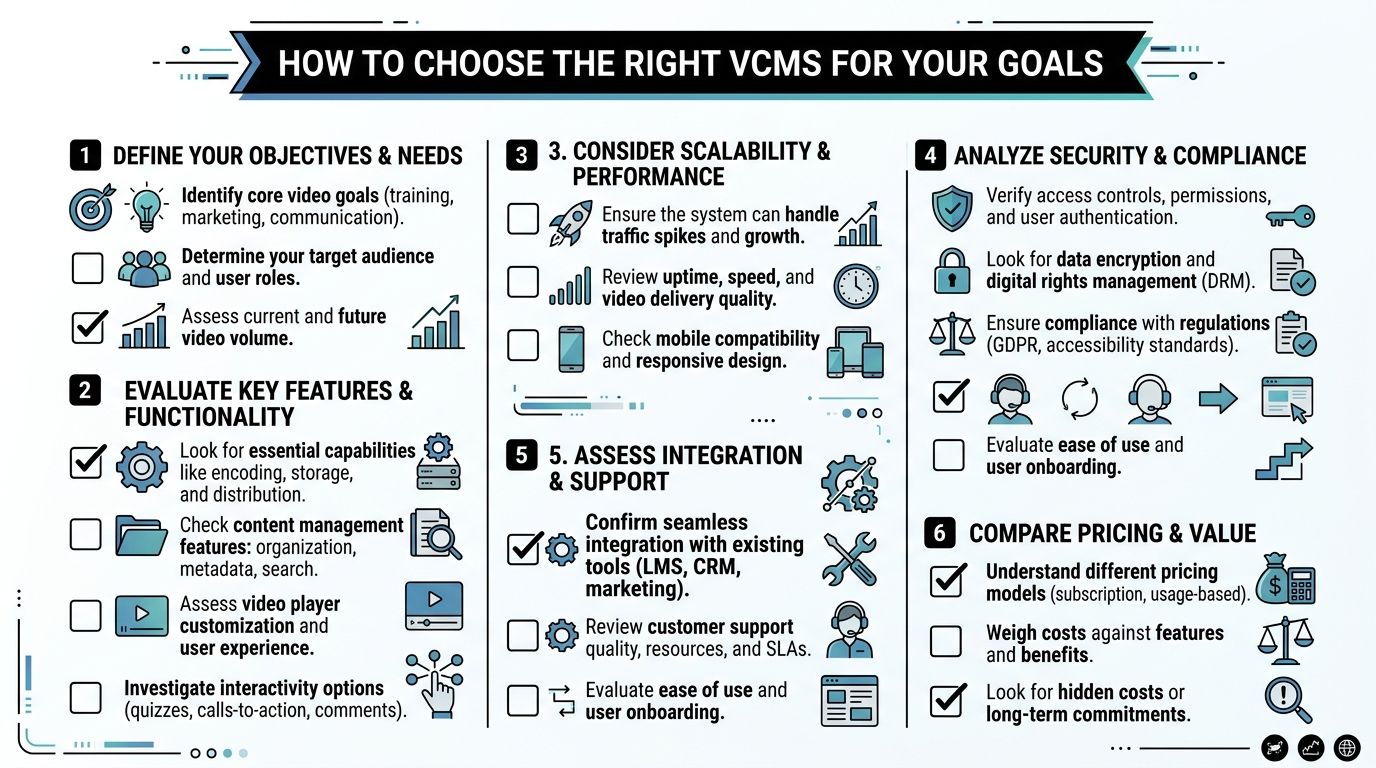 A six-step infographic showing how to select the right video content management system for business goals.