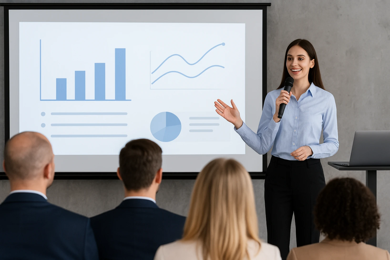 Female presenter speaking into a microphone during a corporate presentation, standing beside a projector screen displaying charts and graphs, with attendees watching from the audience.