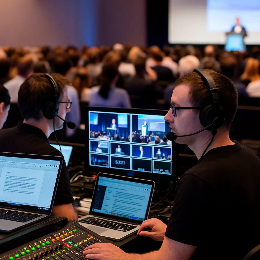 A behind-the-scenes view of a live event production team operating sound and video equipment during a busy conference, with crew members in headsets managing laptops and control panels while an audience watches a presenter on stage.