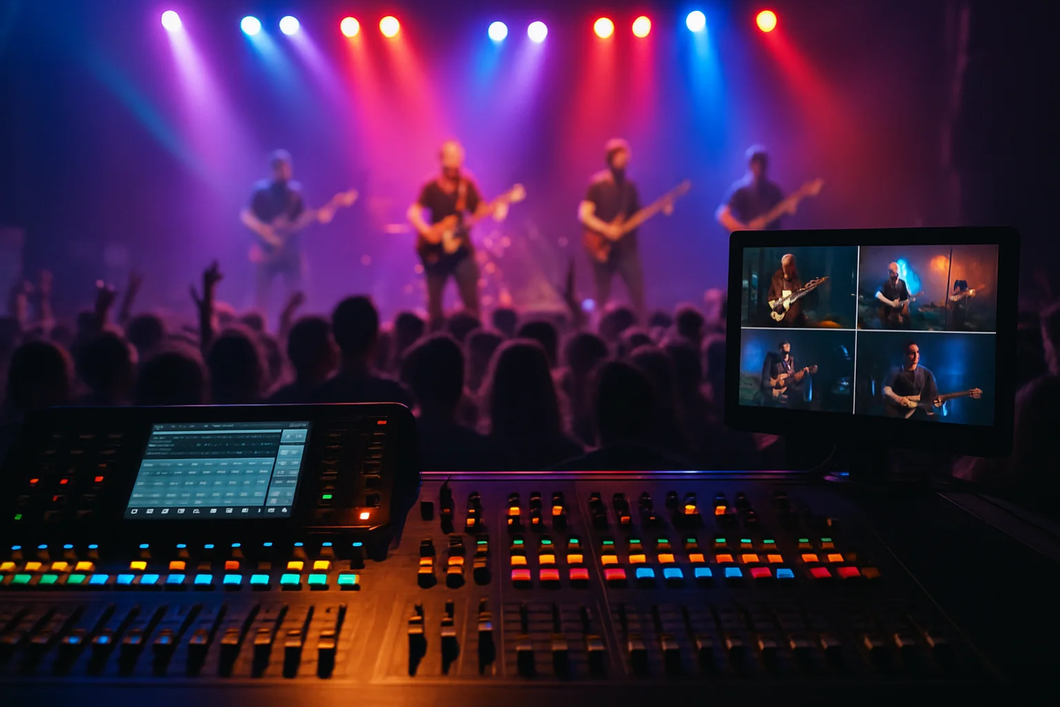 Live concert scene viewed from the production booth, featuring a brightly lit mixing console and a multi-camera monitor, with a band performing on stage under colourful lights and a crowd in the foreground.