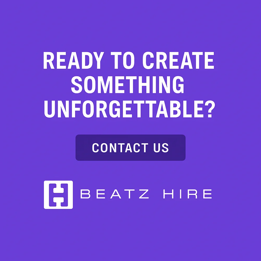Purple call-to-action banner featuring bold white text that reads “Ready to create something unforgettable?”, a “Contact Us” button, and the Beatz Hire logo centred below.