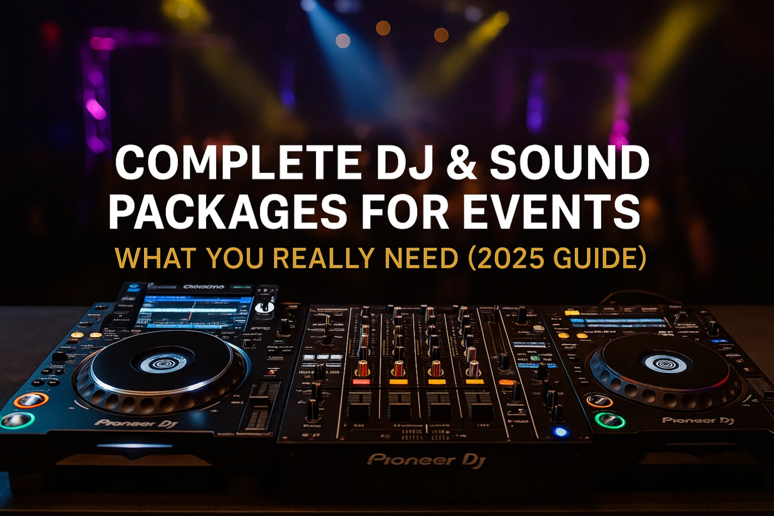 Professional Pioneer DJ setup with CDJ-3000 players and DJM-A9 mixer on a stage, illuminated by colourful event lighting, with blog title overlay text promoting DJ and sound packages.