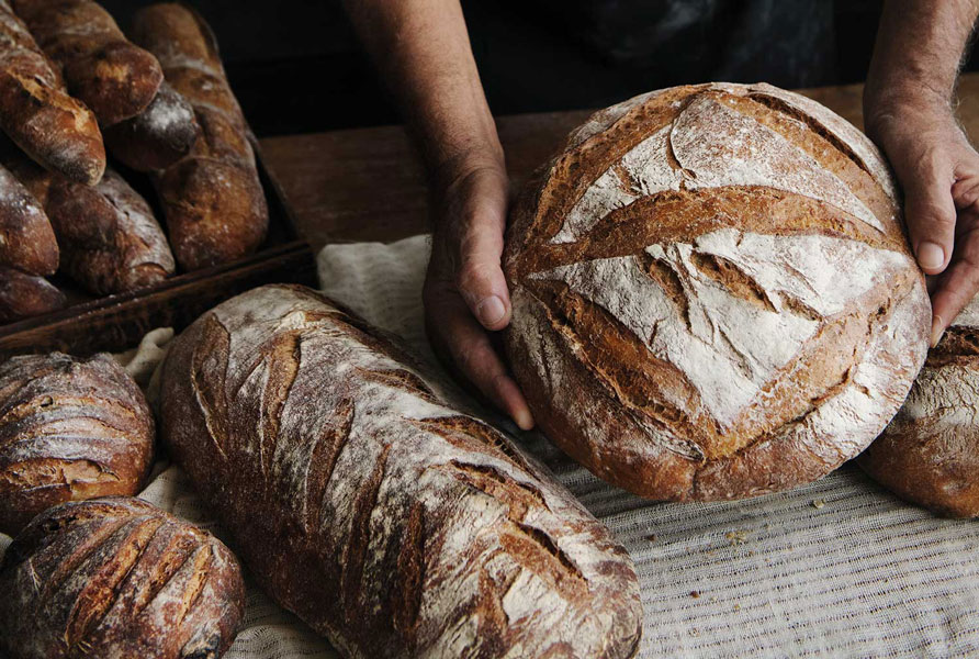 Eine Männerhand hält ein großes, Holzofenbrot mit Mehlbestäubung direkt in die Kamera. Daneben sieht man noch andere Brote liegen.
