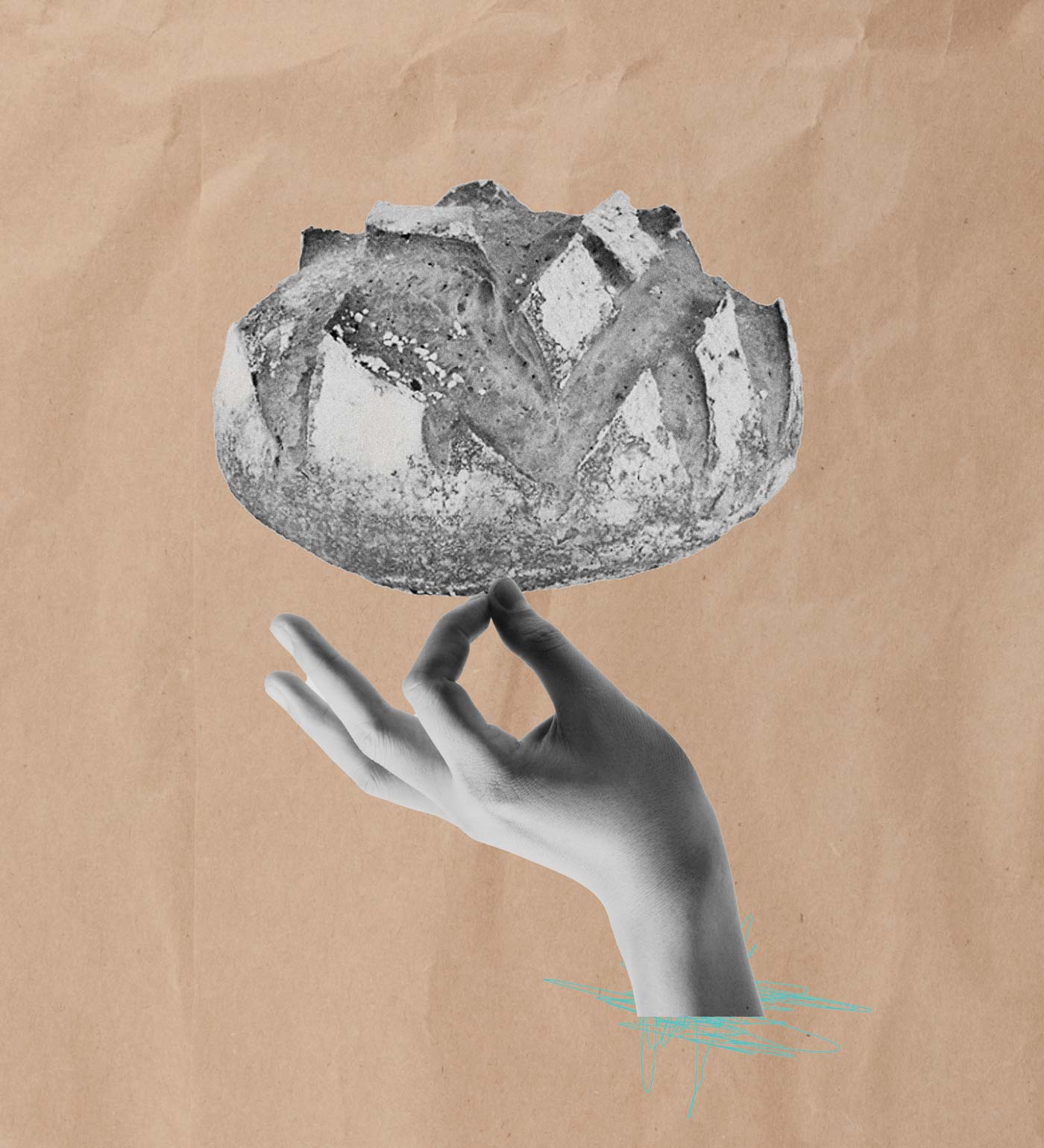 Auf braunem, zerknittertem Papierhintergrund schwebt eine schwarz-weiße Collage: eine menschliche Hand hält eine runde, rustikale Brotlaib-Illustration.