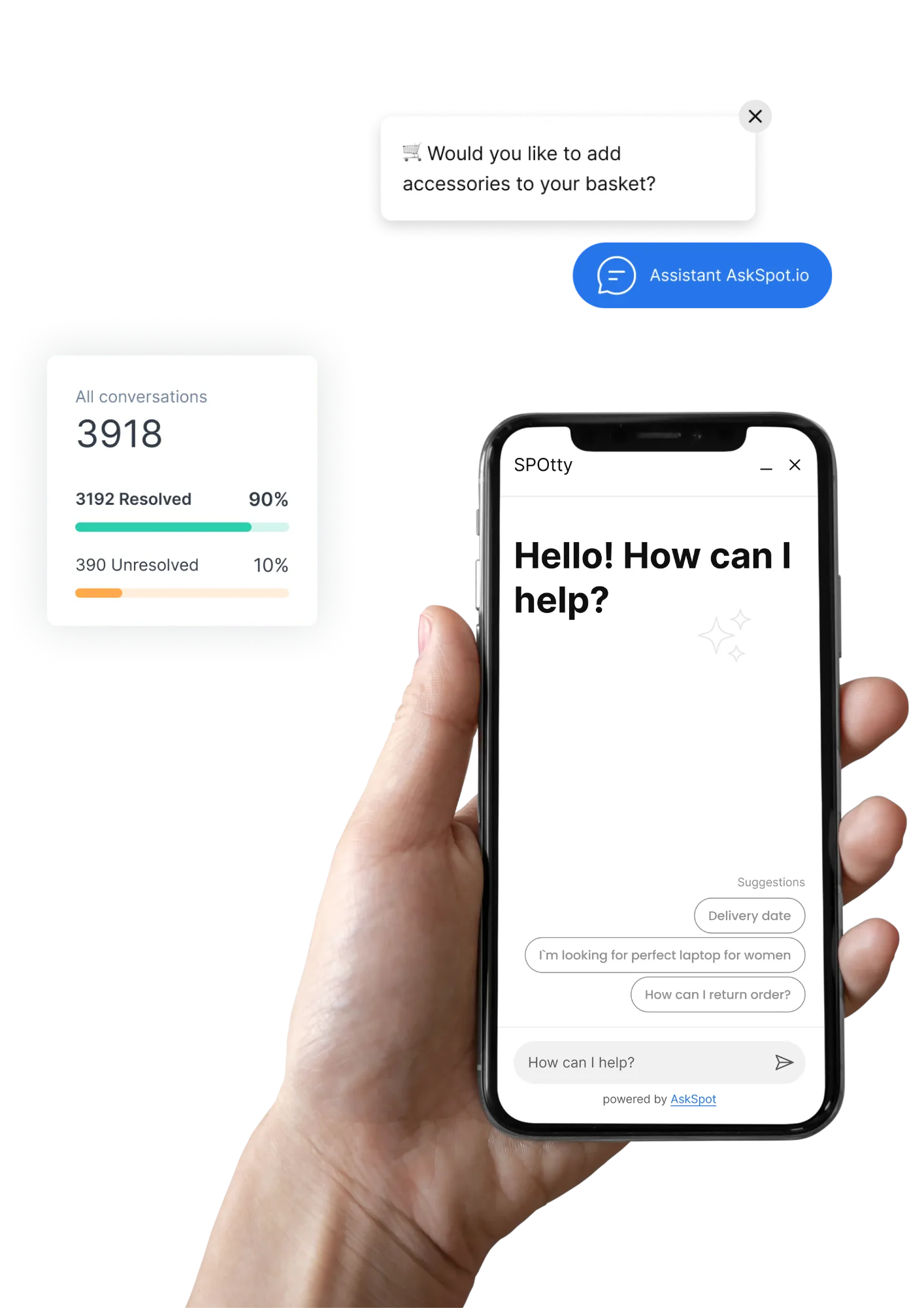 Hand holding smartphone displaying a chatbot interface with greeting 'Hello! How can I help?' and suggested questions, alongside an overlay showing conversation stats and a prompt asking to add accessories to the basket.