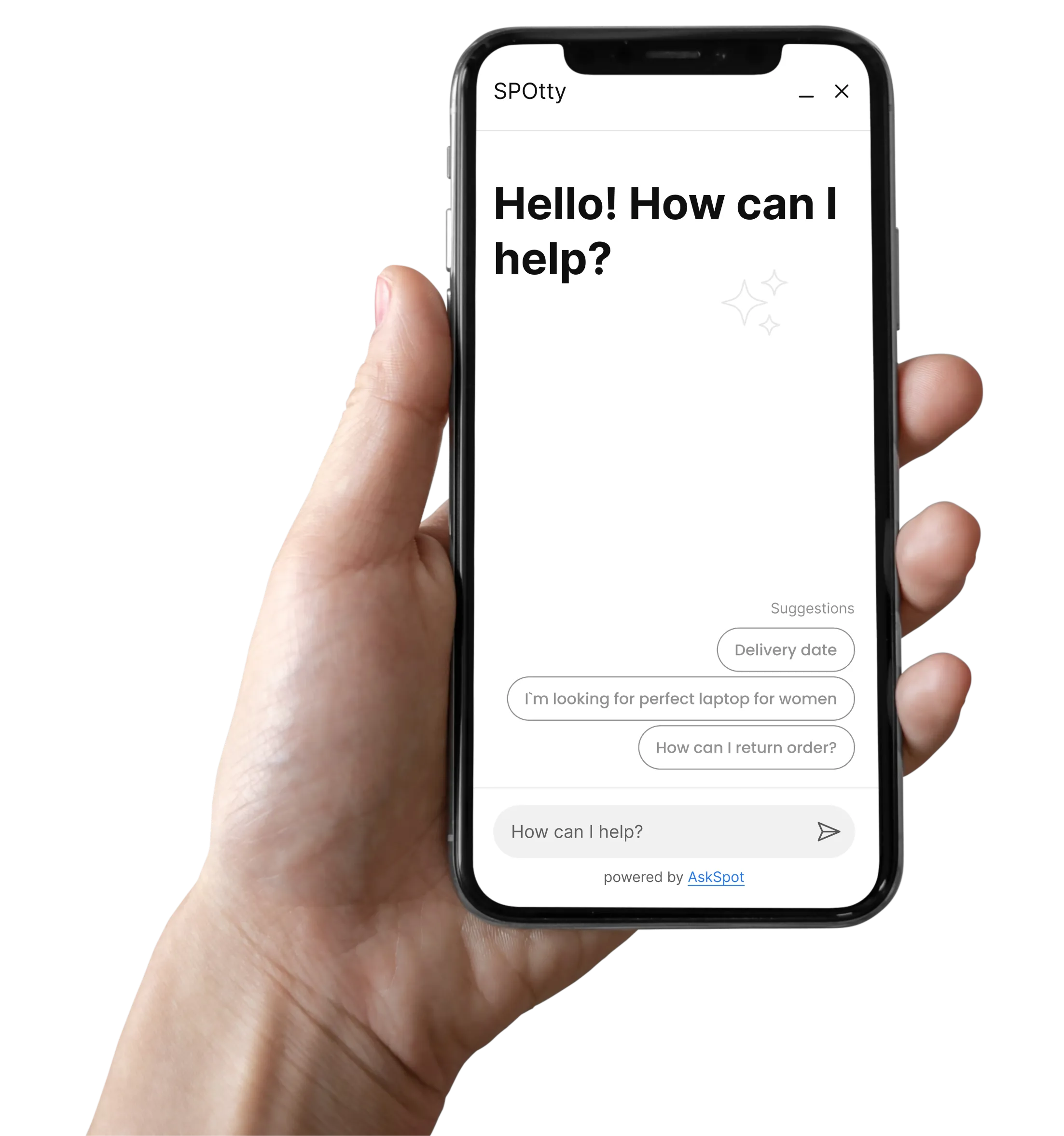 Hand holding a smartphone displaying a chatbot interface with the greeting 'Hello! How can I help?' and suggestions like Delivery date, perfect laptop for women, and How can I return order?